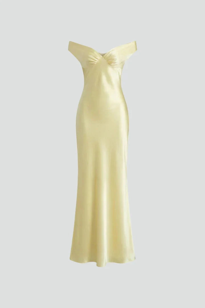 Isla | Wedding Guest Dress Cocktail Maxi Satin Off-Shoulder Fitted Straight Hem Sleeveless Formal Party