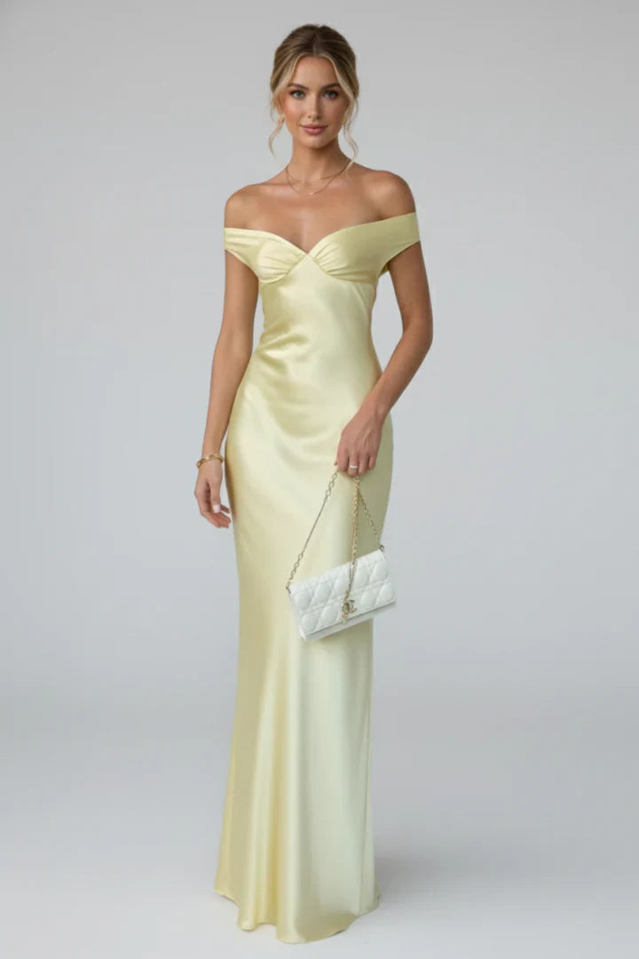 Isla | Wedding Guest Dress Cocktail Maxi Satin Off-Shoulder Fitted Straight Hem Sleeveless Formal Party