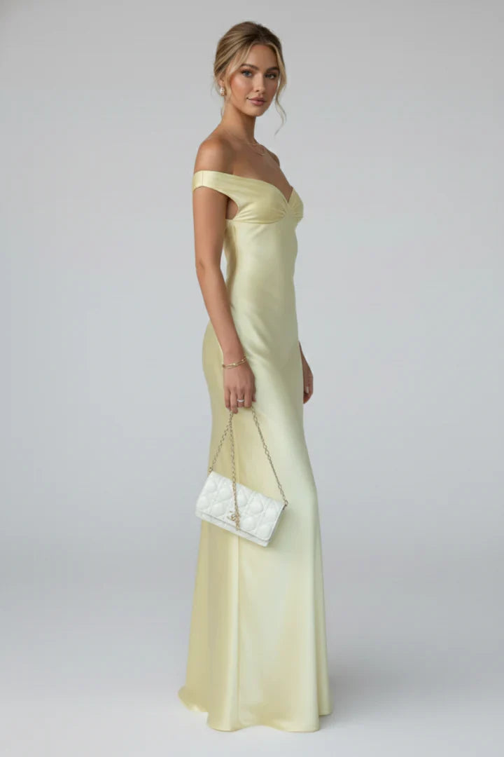 Isla | Wedding Guest Dress Cocktail Maxi Satin Off-Shoulder Fitted Straight Hem Sleeveless Formal Party
