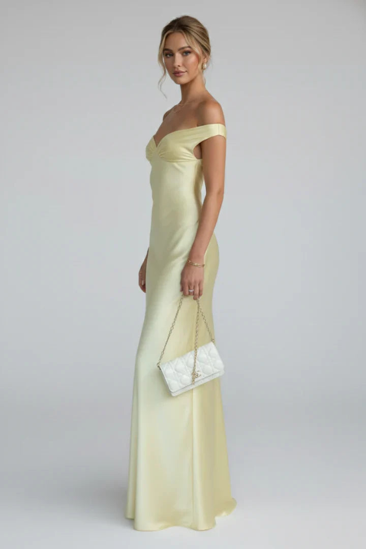 Isla | Wedding Guest Dress Cocktail Maxi Satin Off-Shoulder Fitted Straight Hem Sleeveless Formal Party