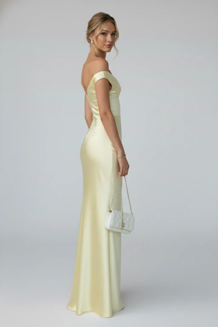 Isla | Wedding Guest Dress Cocktail Maxi Satin Off-Shoulder Fitted Straight Hem Sleeveless Formal Party