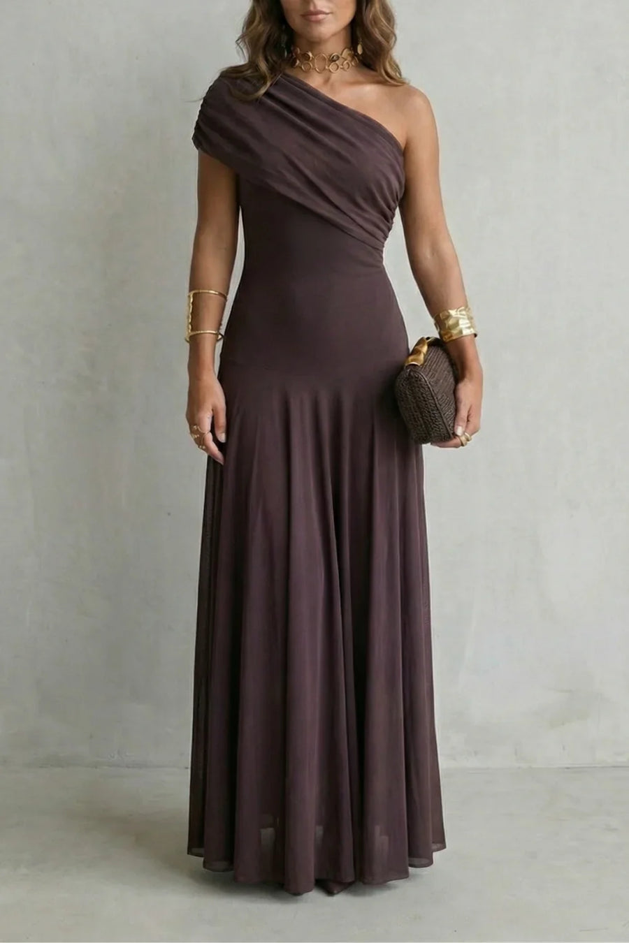 Adeline | Wedding Guest Dress Cocktail Maxi Formal One-Shoulder A-Line Draped Fitted Waist Cap Sleeve