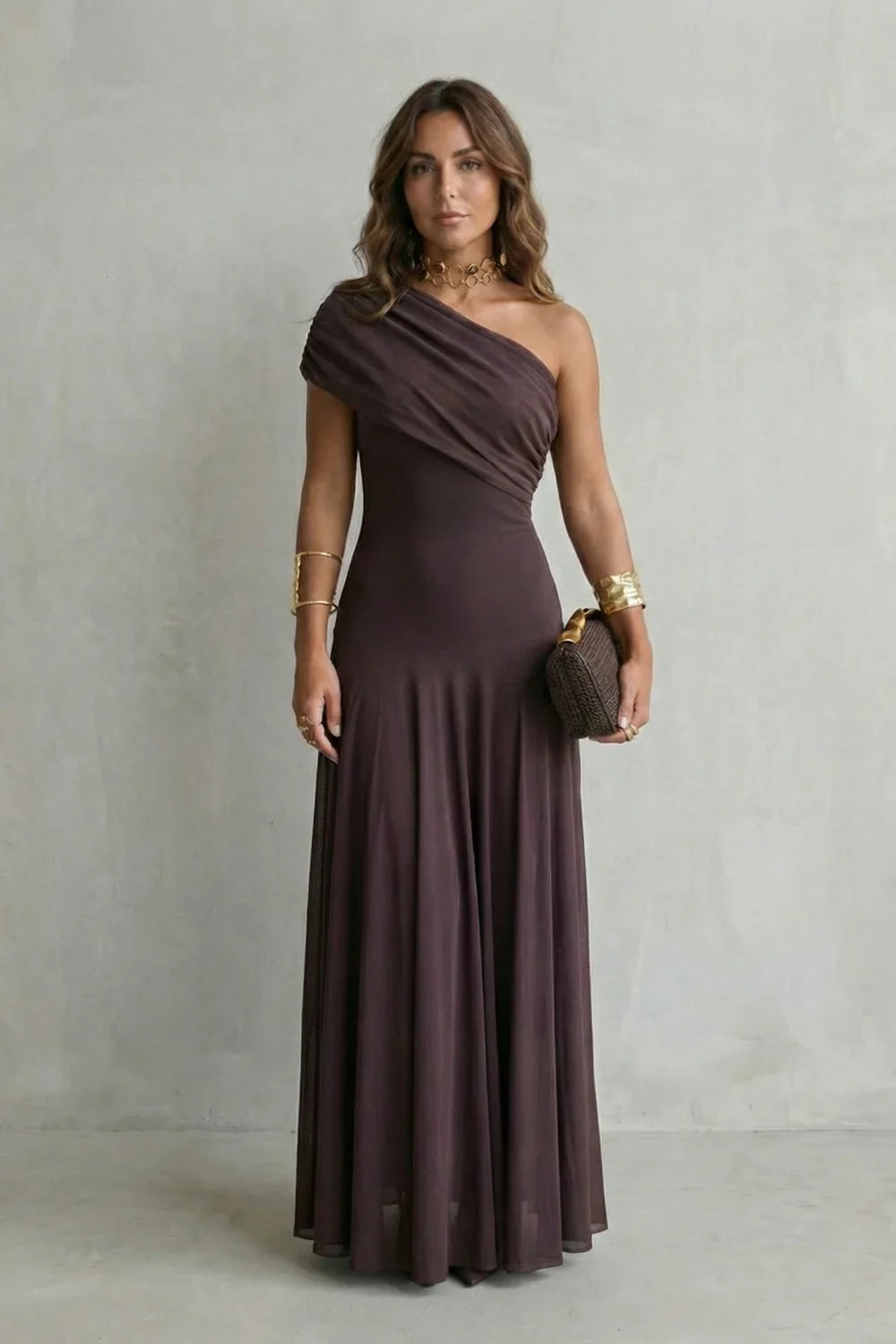 Adeline | Wedding Guest Dress Cocktail Maxi Formal One-Shoulder A-Line Draped Fitted Waist Cap Sleeve