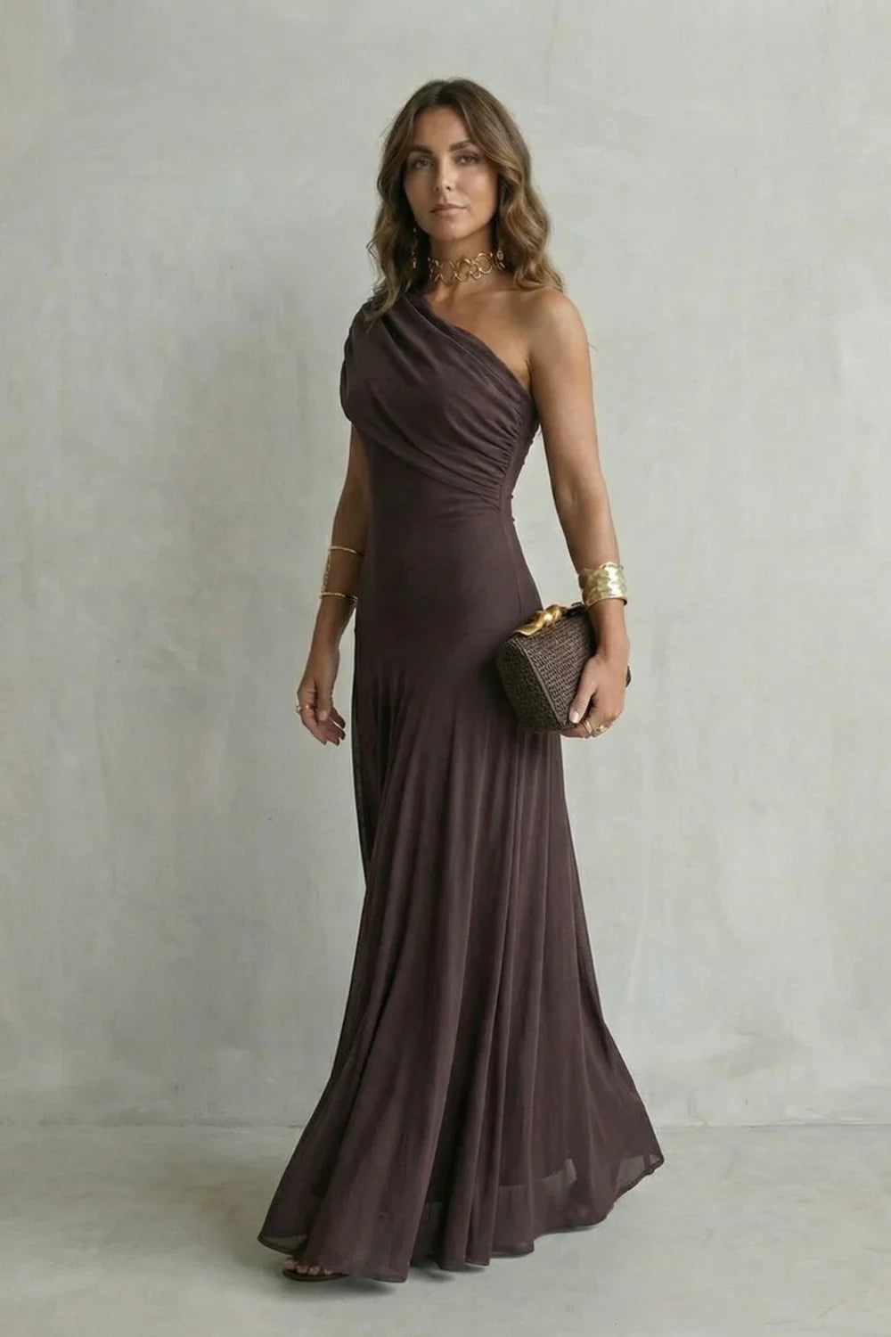 Adeline | Wedding Guest Dress Cocktail Maxi Formal One-Shoulder A-Line Draped Fitted Waist Cap Sleeve
