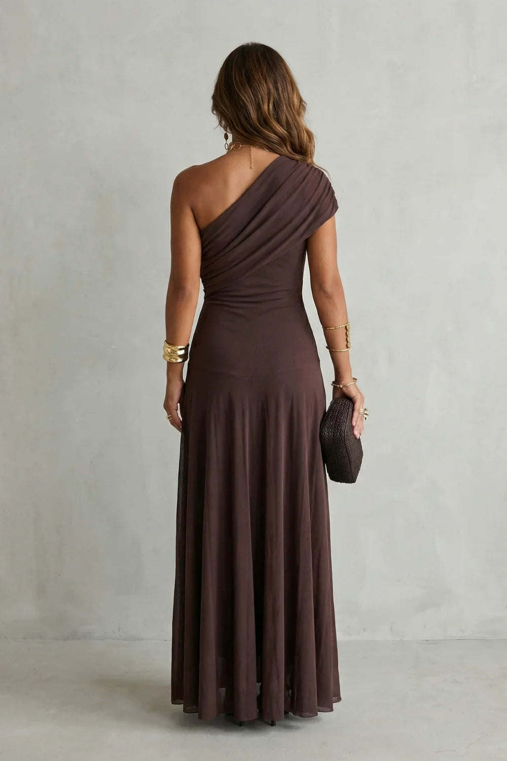 Adeline | Wedding Guest Dress Cocktail Maxi Formal One-Shoulder A-Line Draped Fitted Waist Cap Sleeve