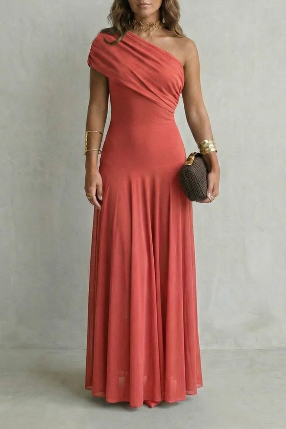 Adeline | Wedding Guest Dress Cocktail Maxi Formal One-Shoulder A-Line Draped Fitted Waist Cap Sleeve