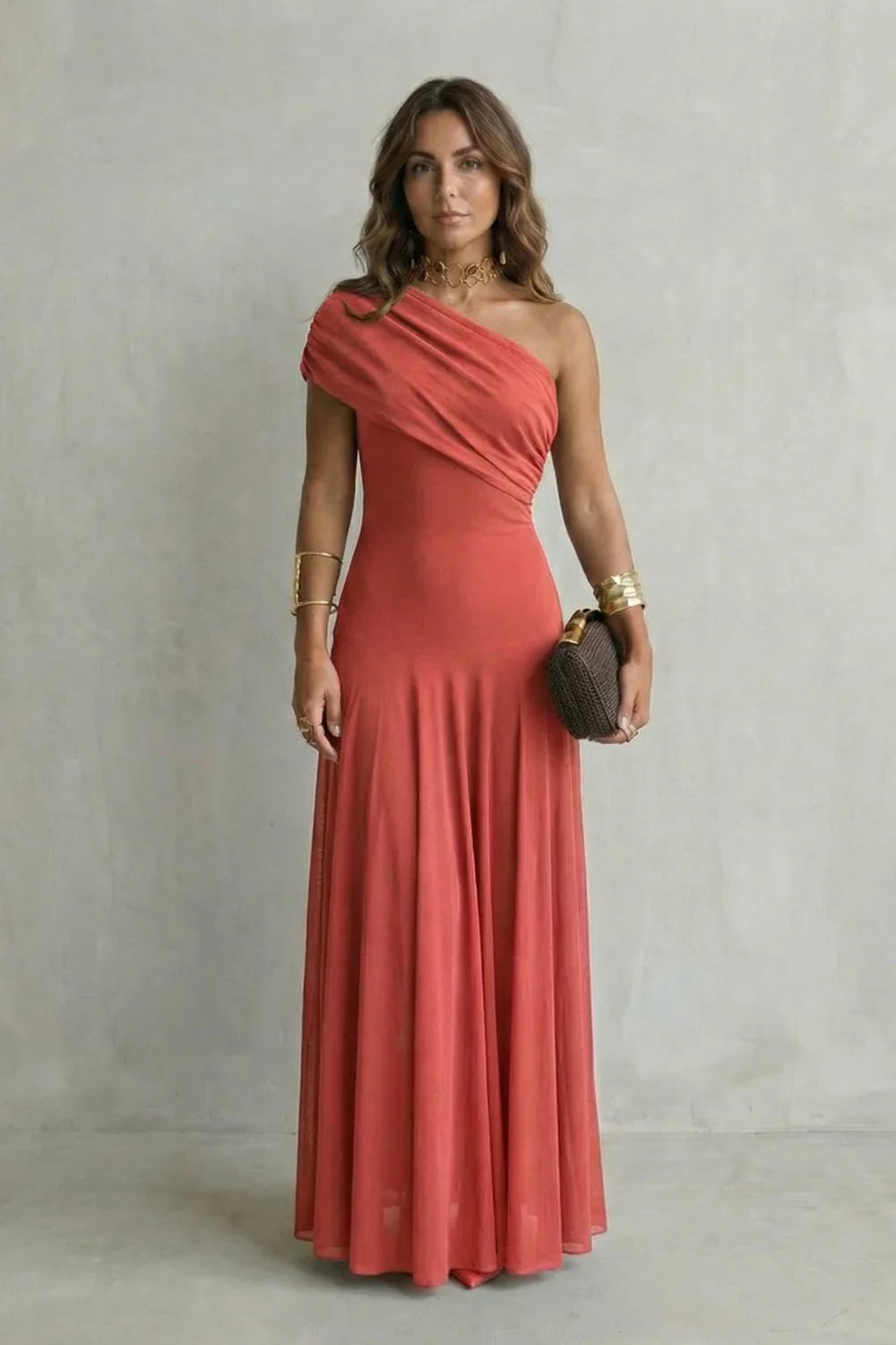 Adeline | Wedding Guest Dress Cocktail Maxi Formal One-Shoulder A-Line Draped Fitted Waist Cap Sleeve