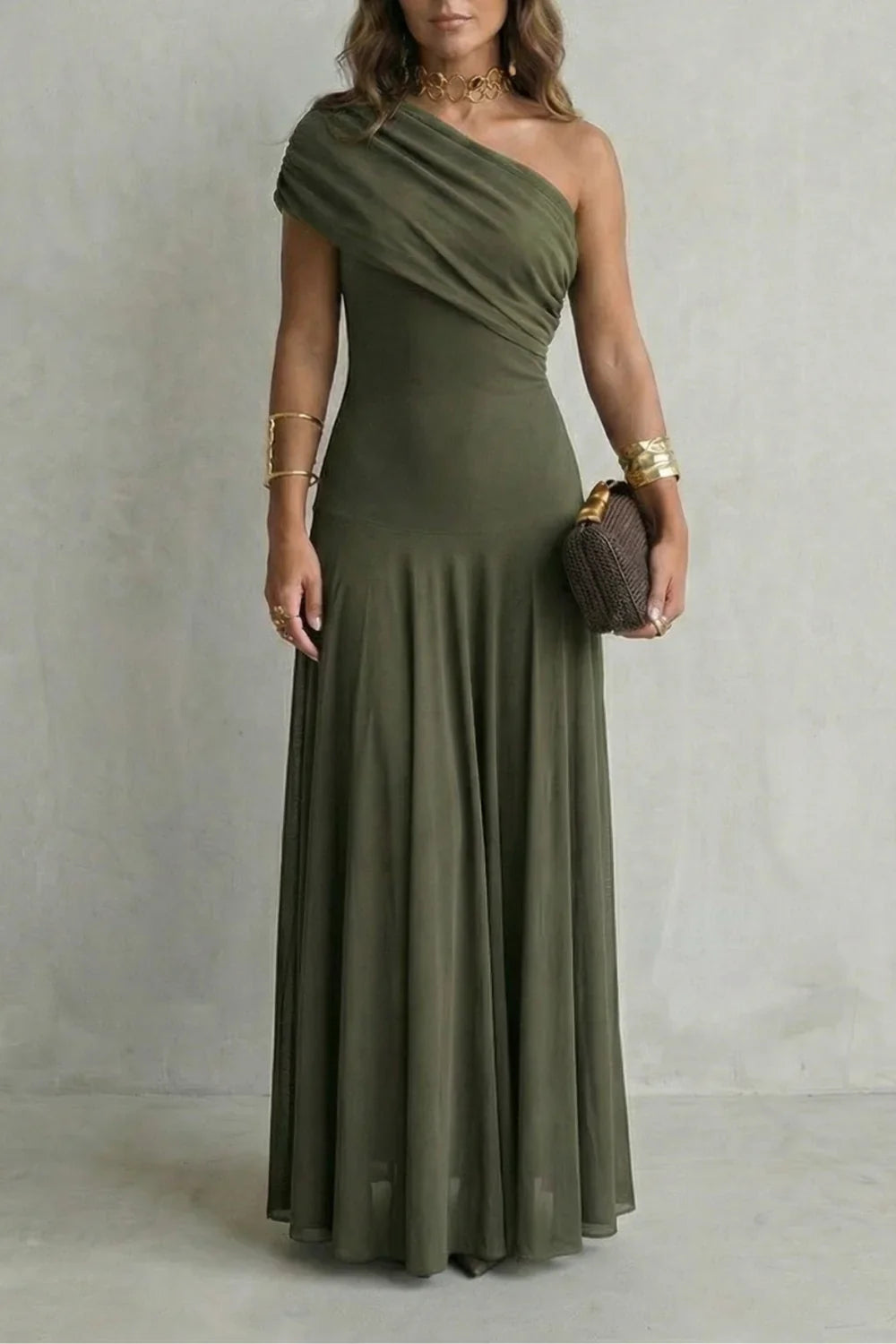 Adeline | Wedding Guest Dress Cocktail Maxi Formal One-Shoulder A-Line Draped Fitted Waist Cap Sleeve