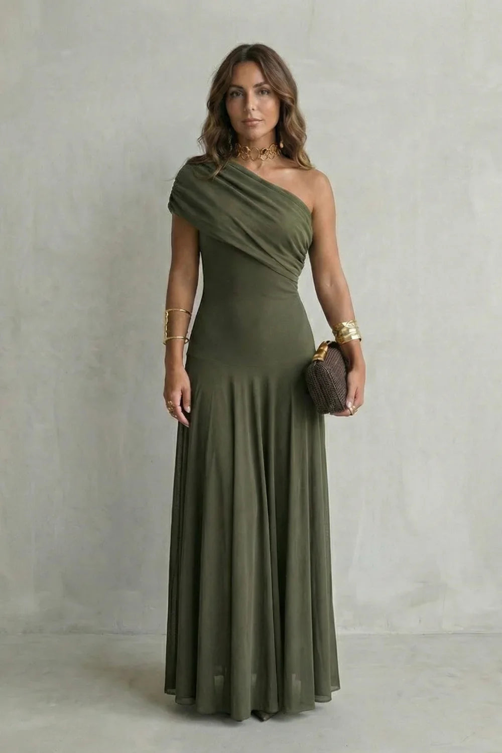 Adeline | Wedding Guest Dress Cocktail Maxi Formal One-Shoulder A-Line Draped Fitted Waist Cap Sleeve
