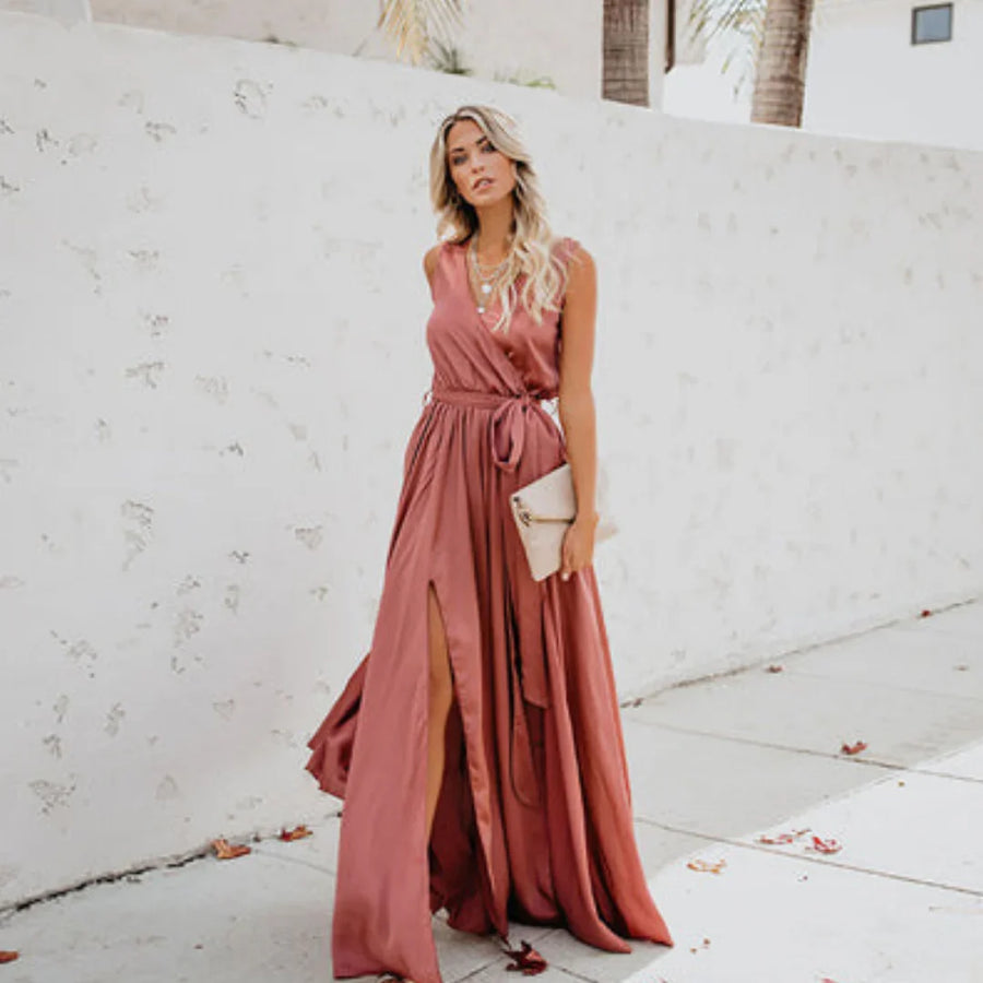 Genevieve | Wedding Guest Dress Maxi Dress Wrap Dress Women V-Neck Sleeveless Side Slit Belted