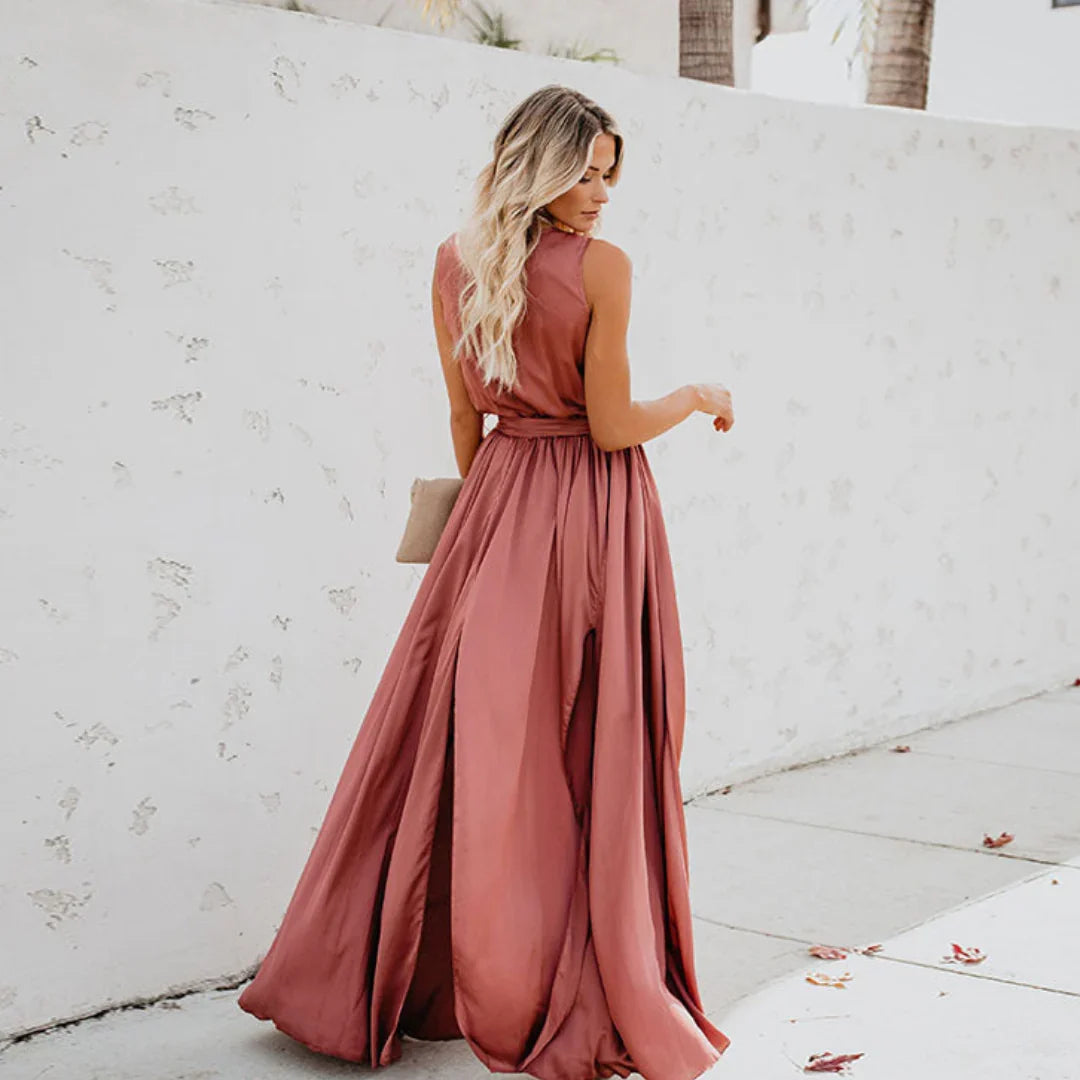 Genevieve | Wedding Guest Dress Maxi Dress Wrap Dress Women V-Neck Sleeveless Side Slit Belted