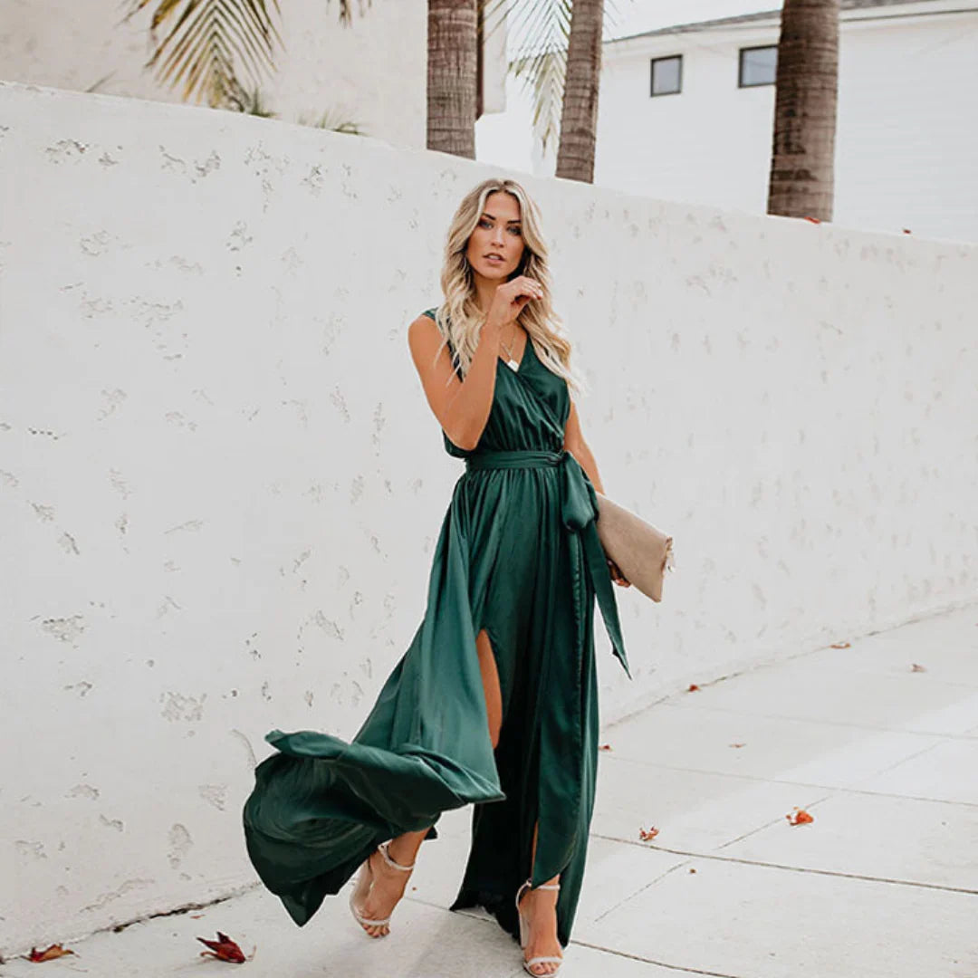 Genevieve | Wedding Guest Dress Maxi Dress Wrap Dress Women V-Neck Sleeveless Side Slit Belted