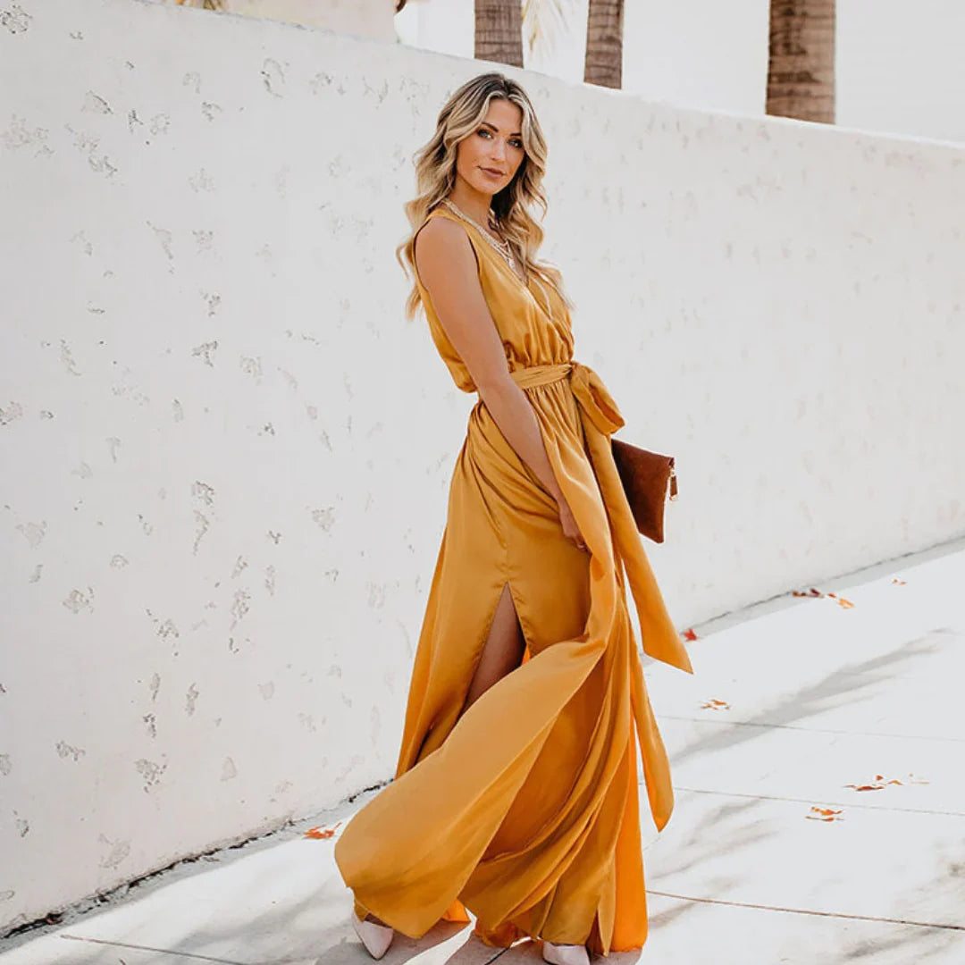Genevieve | Wedding Guest Dress Maxi Dress Wrap Dress Women V-Neck Sleeveless Side Slit Belted