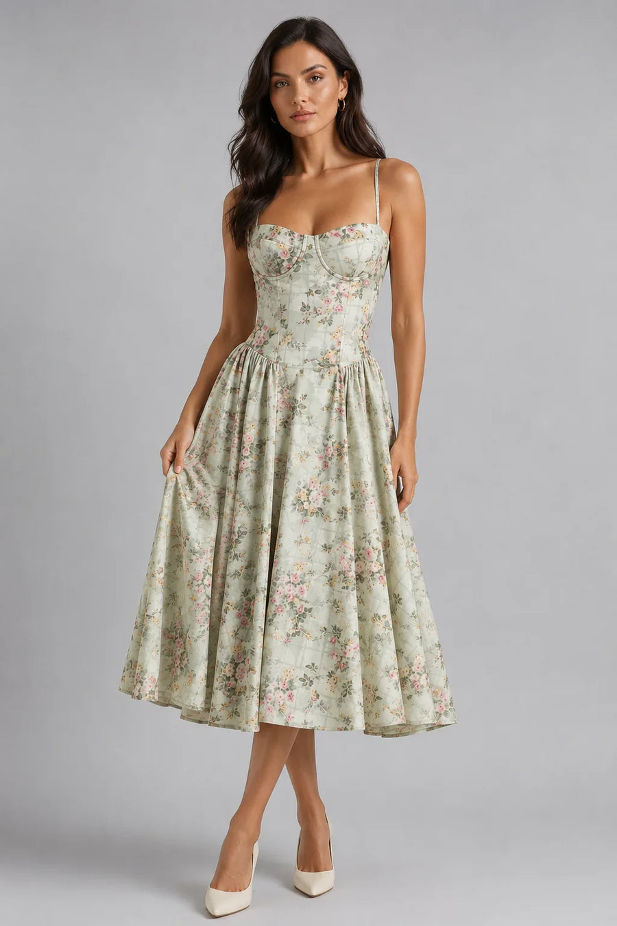 Olivia | Wedding Guest Dress Cocktail Midi Floral Corset Spaghetti Strap Sweetheart Neck Sleeveless Party