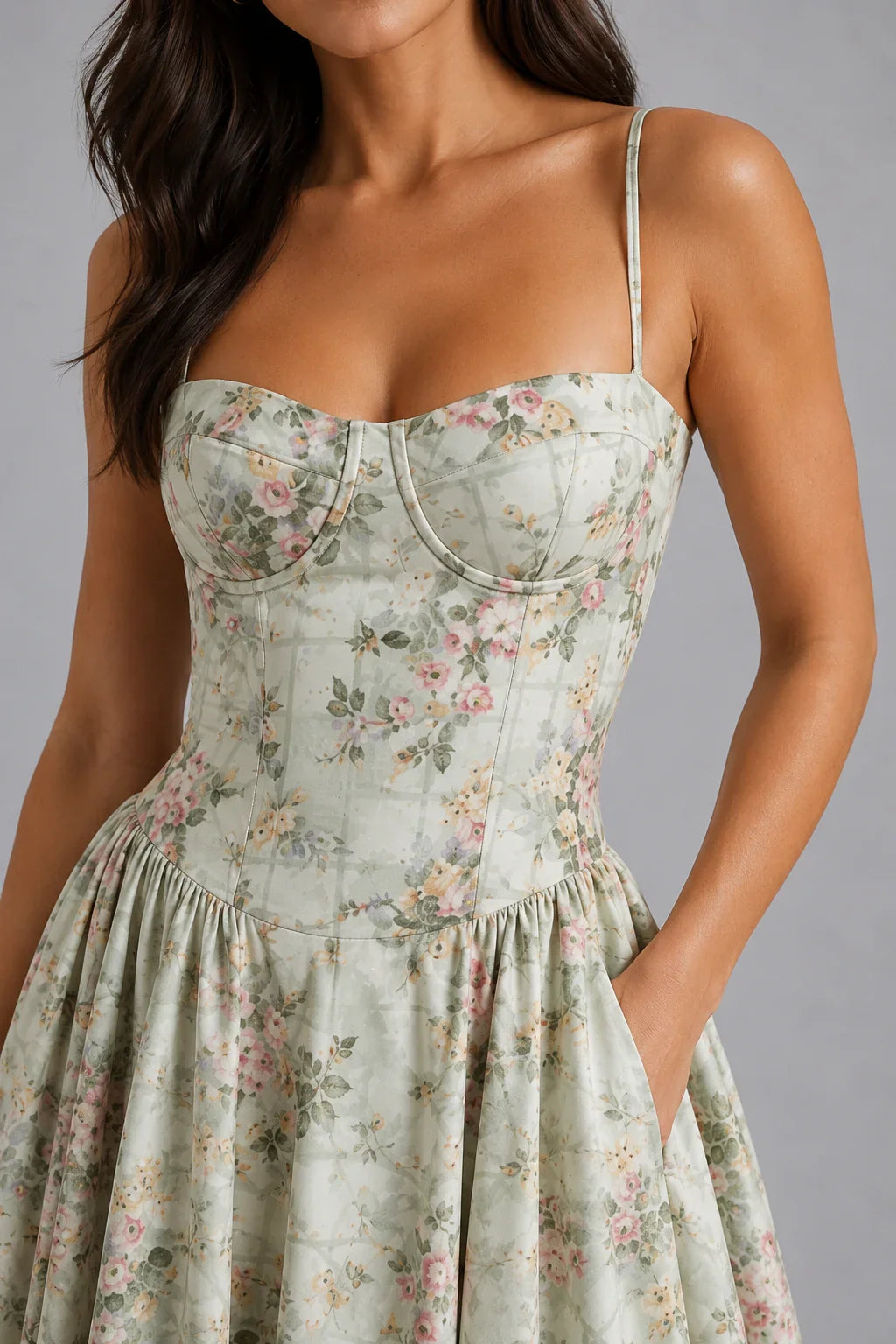 Olivia | Wedding Guest Dress Cocktail Midi Floral Corset Spaghetti Strap Sweetheart Neck Sleeveless Party