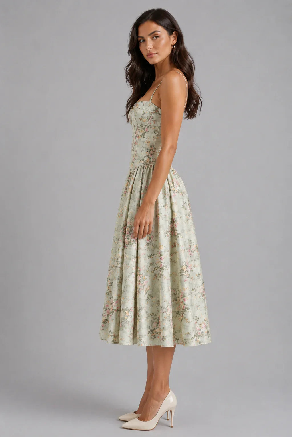 Olivia | Wedding Guest Dress Cocktail Midi Floral Corset Spaghetti Strap Sweetheart Neck Sleeveless Party