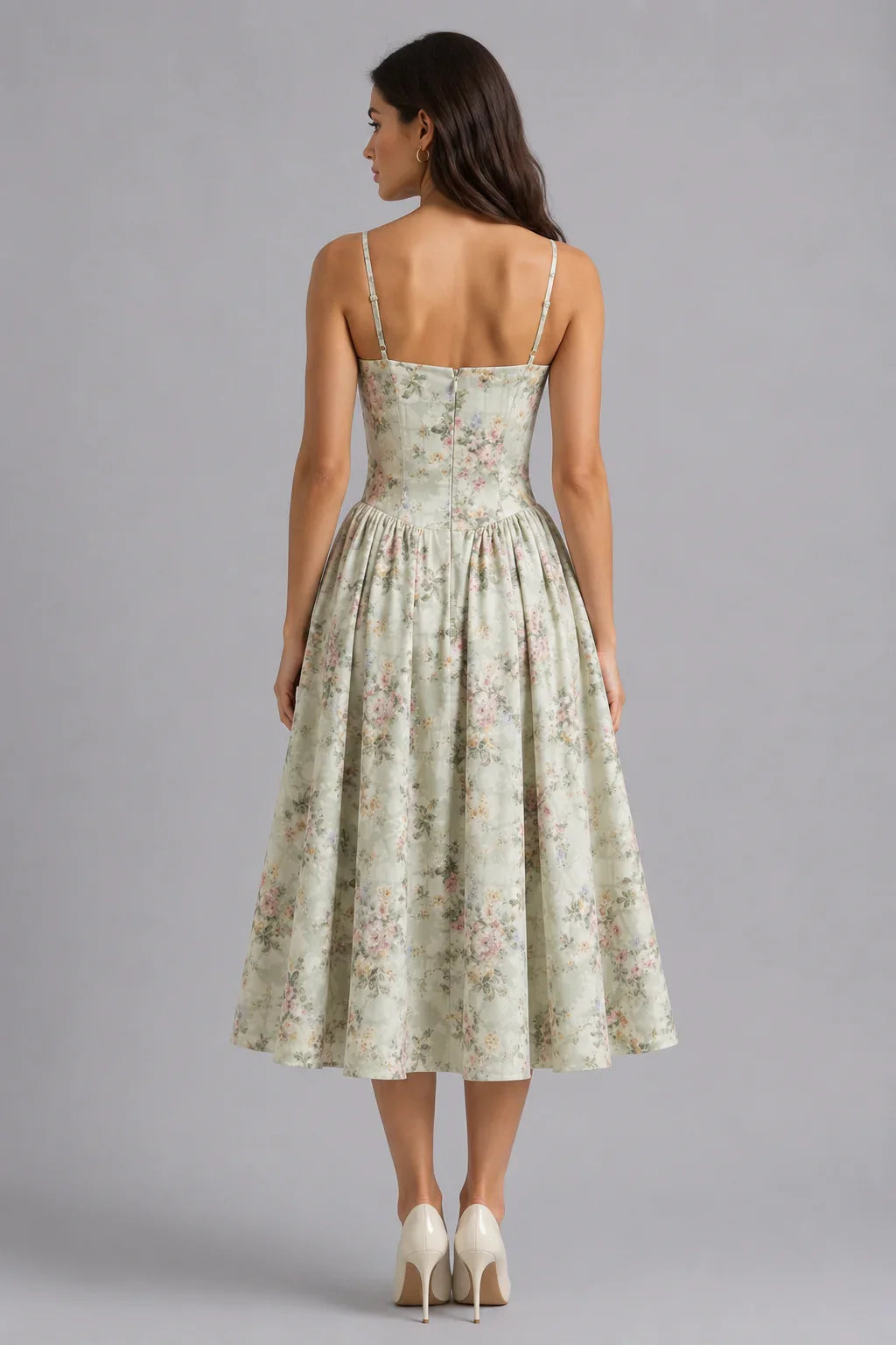 Olivia | Wedding Guest Dress Cocktail Midi Floral Corset Spaghetti Strap Sweetheart Neck Sleeveless Party