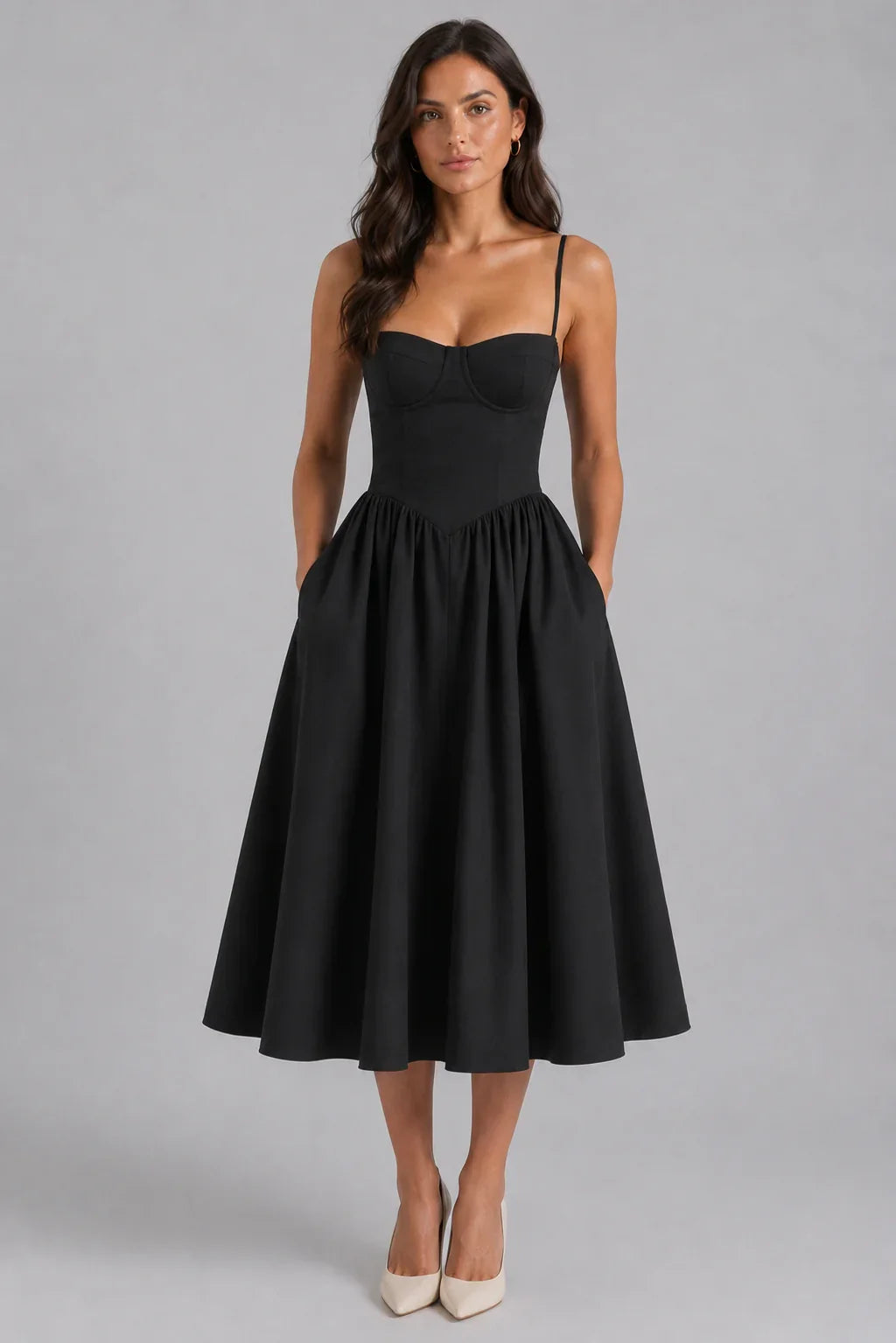 Olivia | Wedding Guest Dress Cocktail Midi Floral Corset Spaghetti Strap Sweetheart Neck Sleeveless Party
