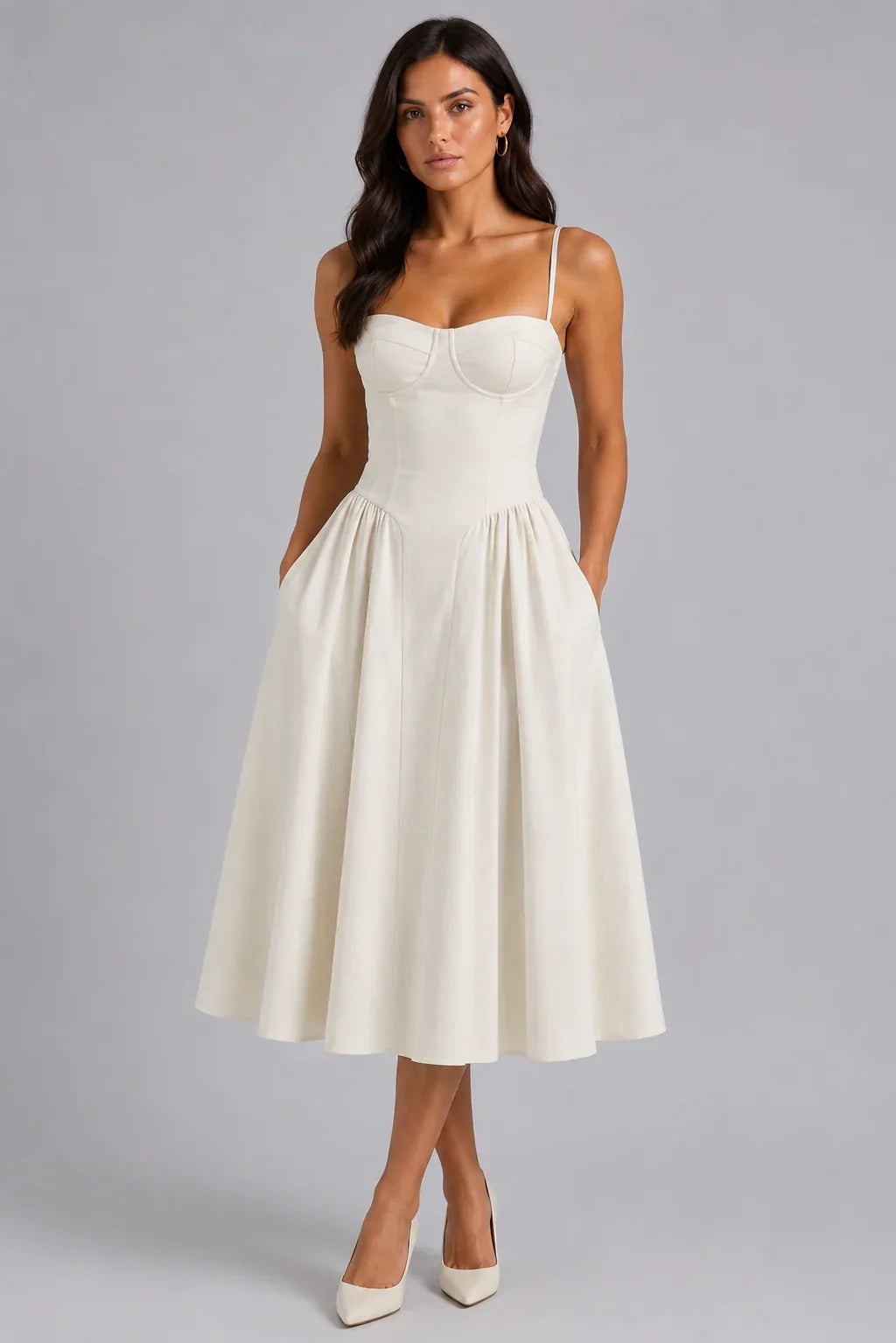 Olivia | Wedding Guest Dress Cocktail Midi Floral Corset Spaghetti Strap Sweetheart Neck Sleeveless Party
