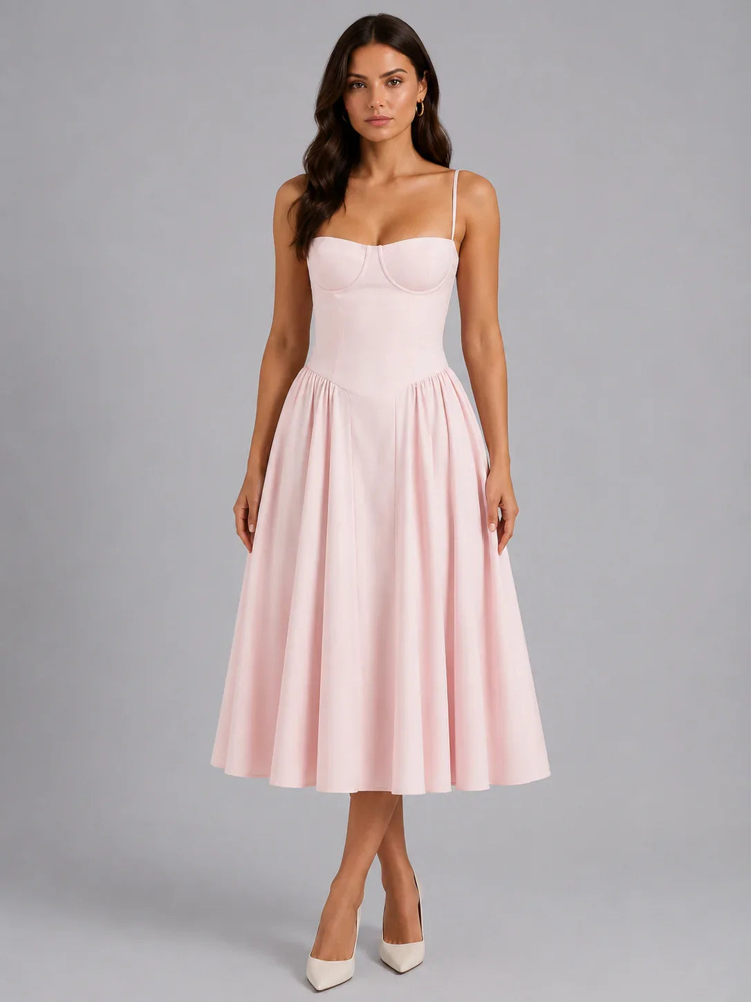 Olivia | Wedding Guest Dress Cocktail Midi Floral Corset Spaghetti Strap Sweetheart Neck Sleeveless Party