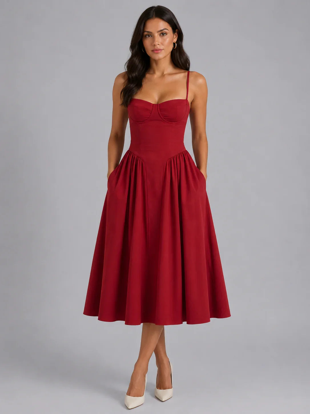 Olivia | Wedding Guest Dress Cocktail Midi Floral Corset Spaghetti Strap Sweetheart Neck Sleeveless Party