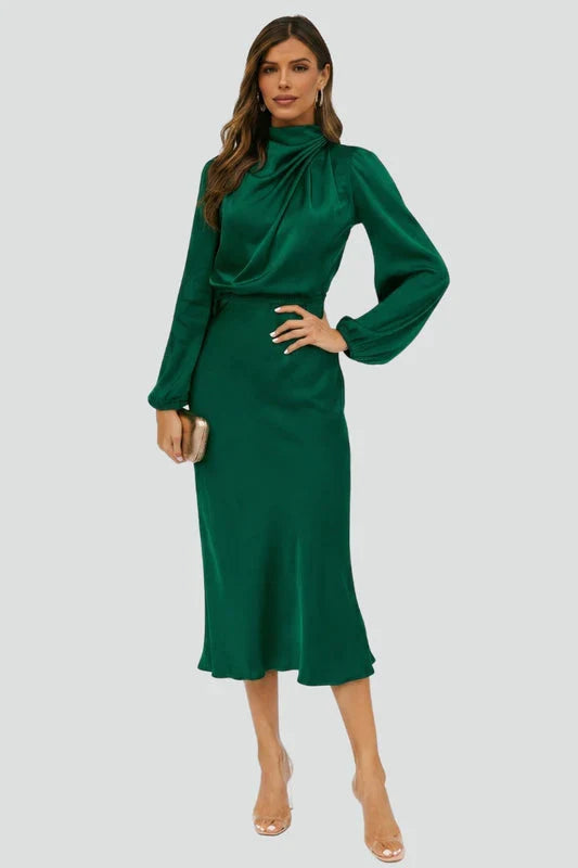Mabel | Wedding Guest Dress Cocktail Midi High Neck Long Sleeve A-Line Draped Cinched Waist