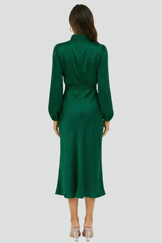 Mabel | Wedding Guest Dress Cocktail Midi High Neck Long Sleeve A-Line Draped Cinched Waist