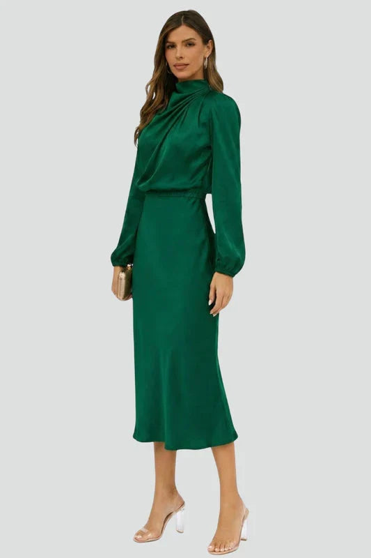 Mabel | Wedding Guest Dress Cocktail Midi High Neck Long Sleeve A-Line Draped Cinched Waist