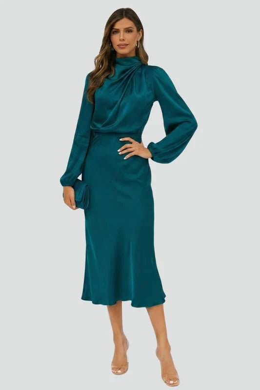 Mabel | Wedding Guest Dress Cocktail Midi High Neck Long Sleeve A-Line Draped Cinched Waist