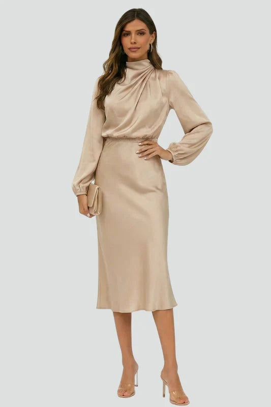 Mabel | Wedding Guest Dress Cocktail Midi High Neck Long Sleeve A-Line Draped Cinched Waist