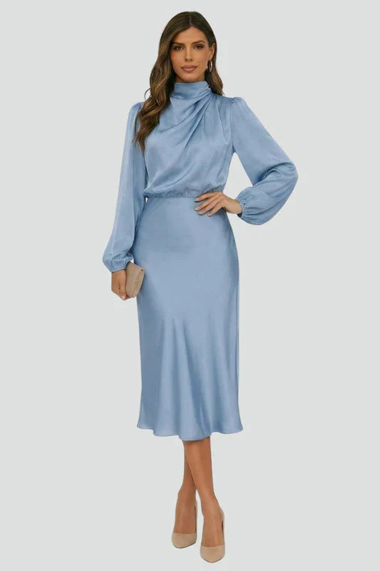 Mabel | Wedding Guest Dress Cocktail Midi High Neck Long Sleeve A-Line Draped Cinched Waist