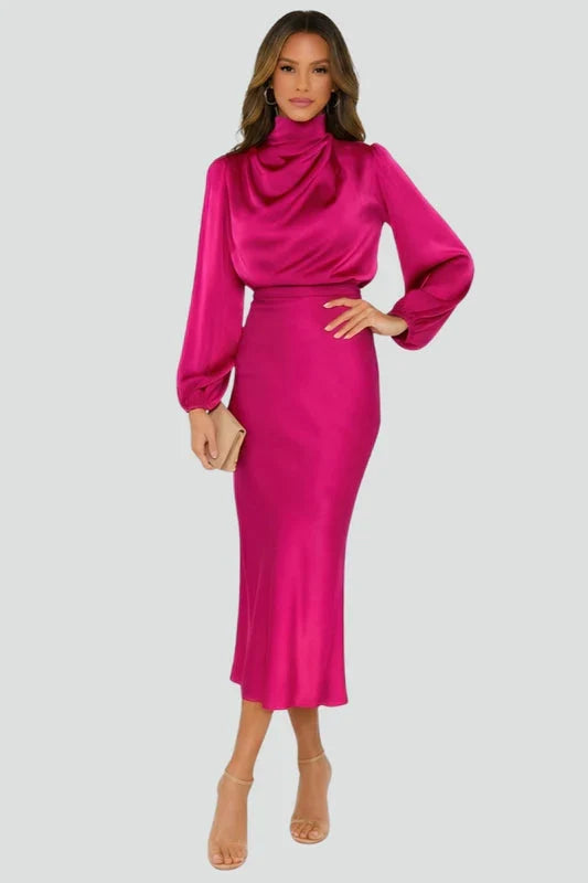 Mabel | Wedding Guest Dress Cocktail Midi High Neck Long Sleeve A-Line Draped Cinched Waist