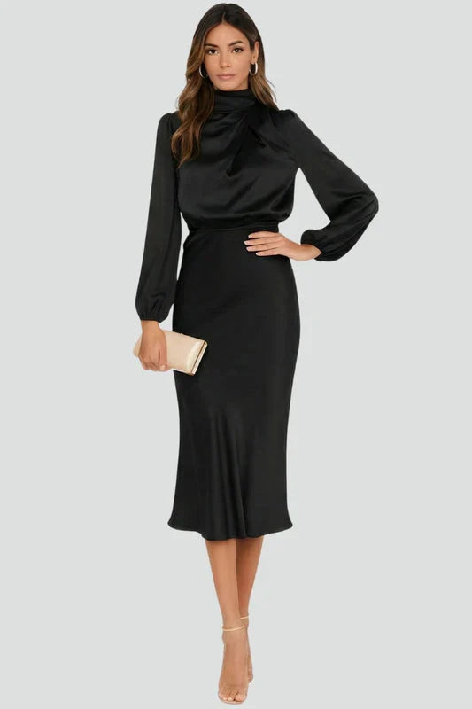 Mabel | Wedding Guest Dress Cocktail Midi High Neck Long Sleeve A-Line Draped Cinched Waist