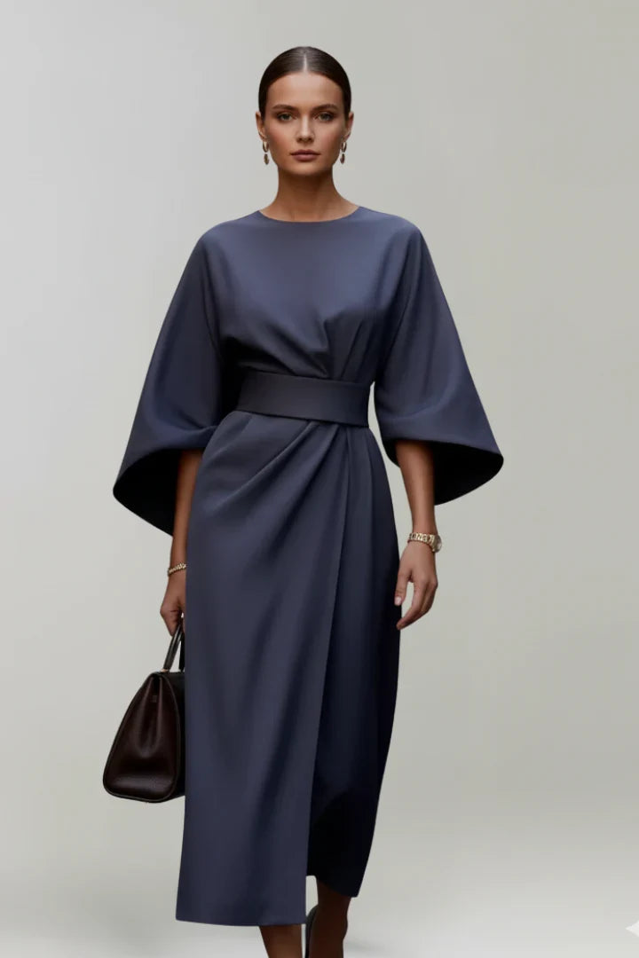 Georgia | Wedding Guest Dress Cocktail Midi Wrap Belted Kimono Sleeve Long Sleeve Round Neck
