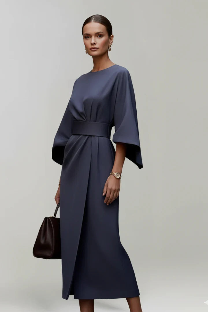 Georgia | Wedding Guest Dress Cocktail Midi Wrap Belted Kimono Sleeve Long Sleeve Round Neck