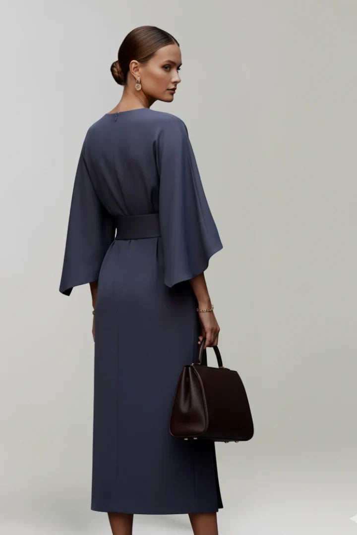 Georgia | Wedding Guest Dress Cocktail Midi Wrap Belted Kimono Sleeve Long Sleeve Round Neck