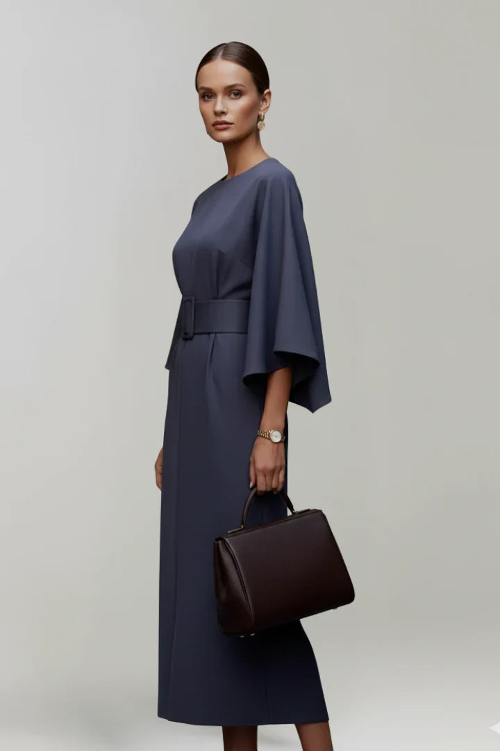 Georgia | Wedding Guest Dress Cocktail Midi Wrap Belted Kimono Sleeve Long Sleeve Round Neck