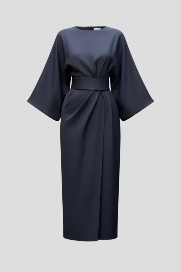 Georgia | Wedding Guest Dress Cocktail Midi Wrap Belted Kimono Sleeve Long Sleeve Round Neck