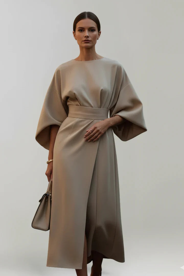 Georgia | Wedding Guest Dress Cocktail Midi Wrap Belted Kimono Sleeve Long Sleeve Round Neck