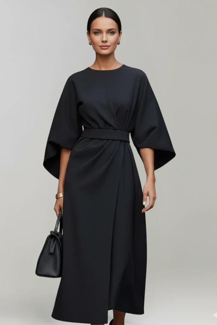 Georgia | Wedding Guest Dress Cocktail Midi Wrap Belted Kimono Sleeve Long Sleeve Round Neck