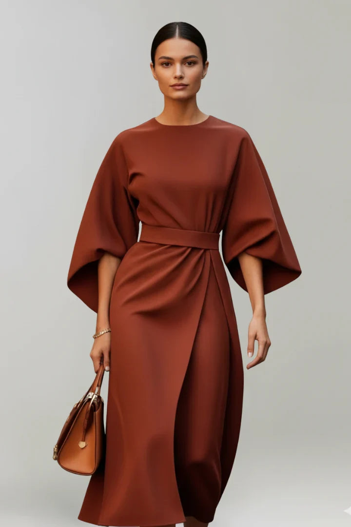 Georgia | Wedding Guest Dress Cocktail Midi Wrap Belted Kimono Sleeve Long Sleeve Round Neck