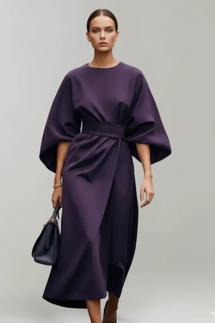 Georgia | Wedding Guest Dress Cocktail Midi Wrap Belted Kimono Sleeve Long Sleeve Round Neck