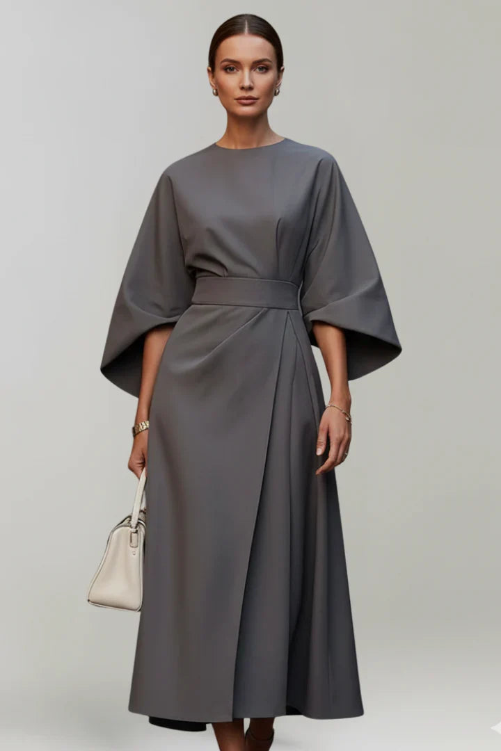 Georgia | Wedding Guest Dress Cocktail Midi Wrap Belted Kimono Sleeve Long Sleeve Round Neck