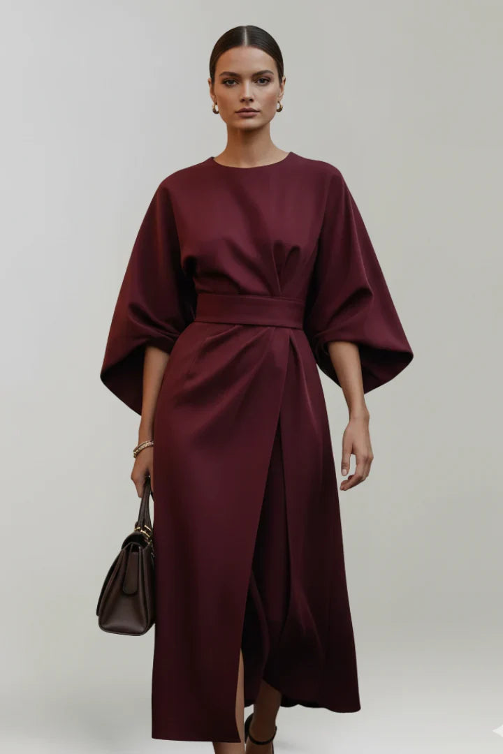 Georgia | Wedding Guest Dress Cocktail Midi Wrap Belted Kimono Sleeve Long Sleeve Round Neck