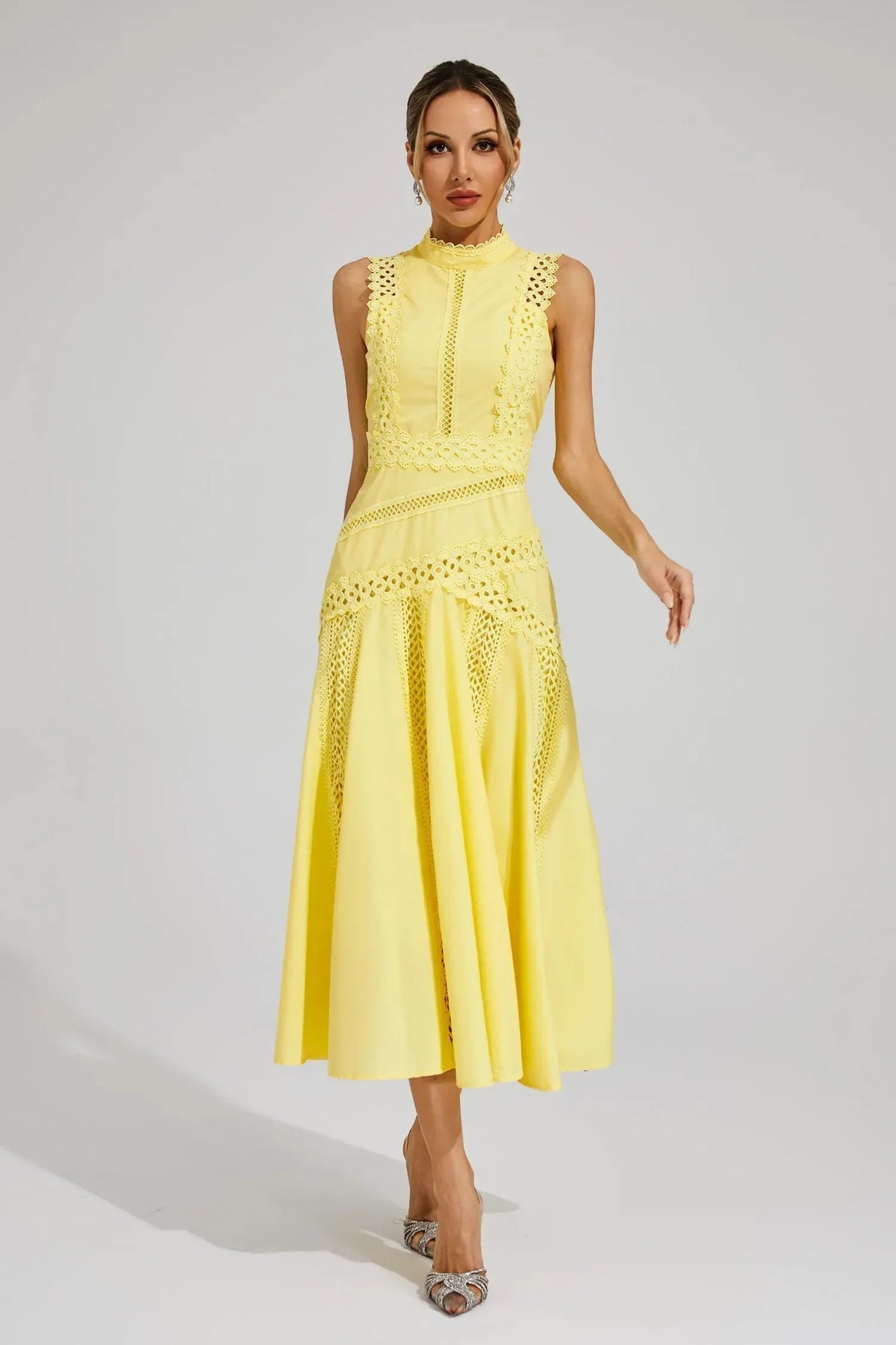 Sophia | Wedding Guest Dress Cocktail Midi Lace Fit and Flare Sleeveless Mock Neck Fitted