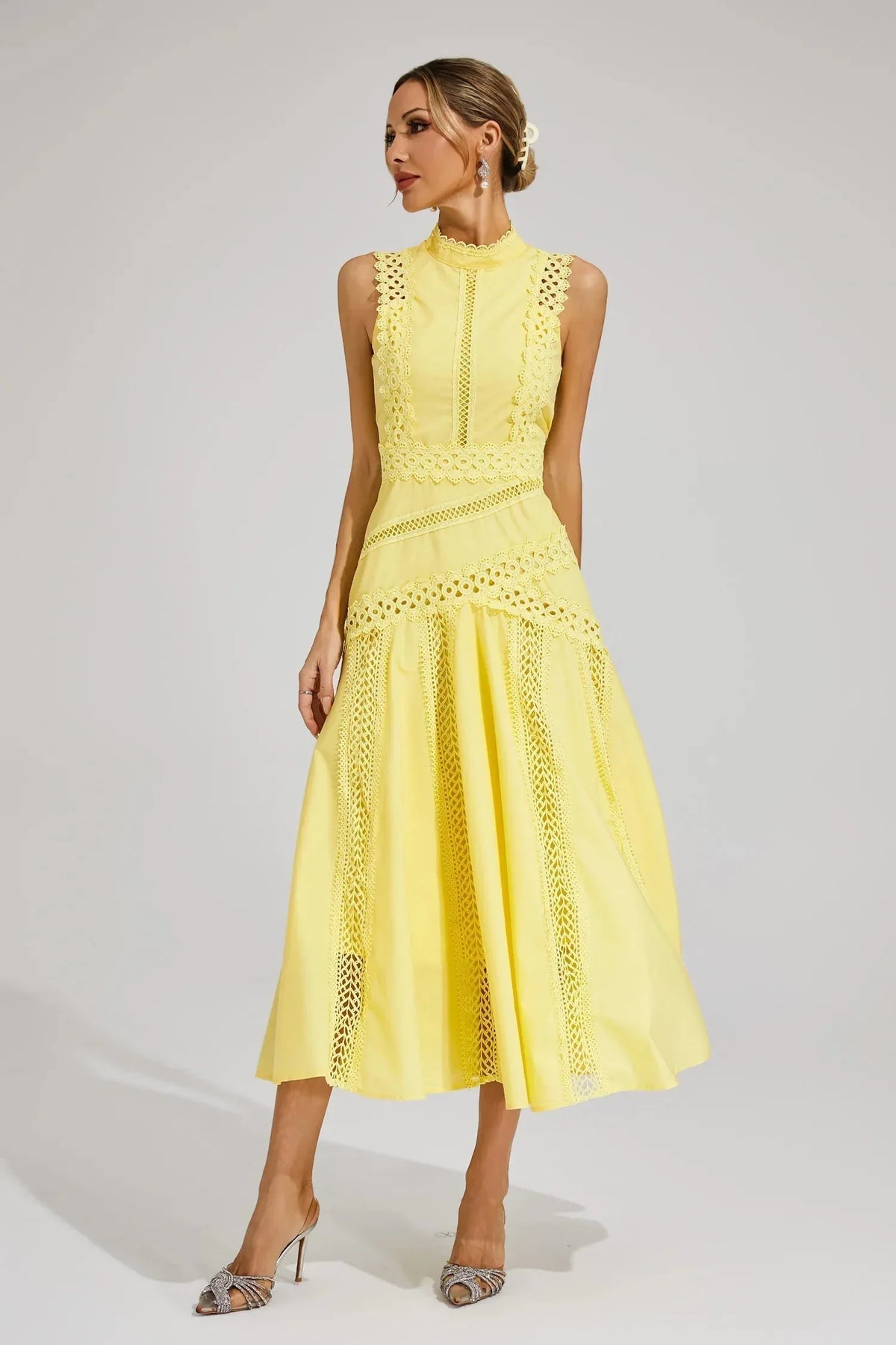 Sophia | Wedding Guest Dress Cocktail Midi Lace Fit and Flare Sleeveless Mock Neck Fitted
