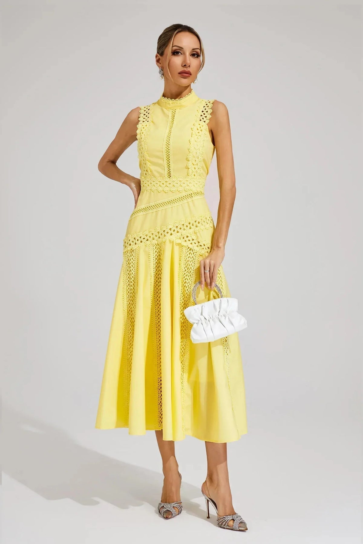 Sophia | Wedding Guest Dress Cocktail Midi Lace Fit and Flare Sleeveless Mock Neck Fitted