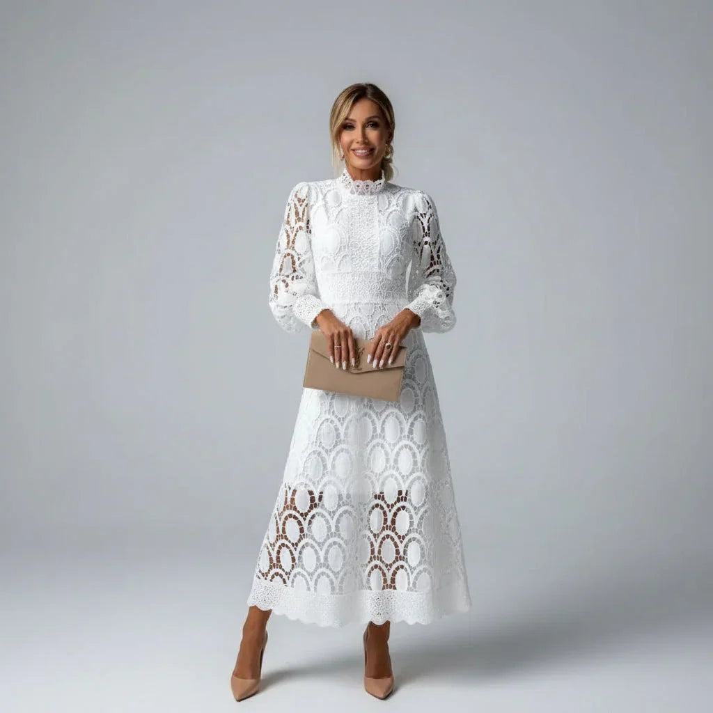 Ava | Wedding Guest Dress Cocktail Midi Party Lace Long Sleeve High Neck Fitted Scalloped