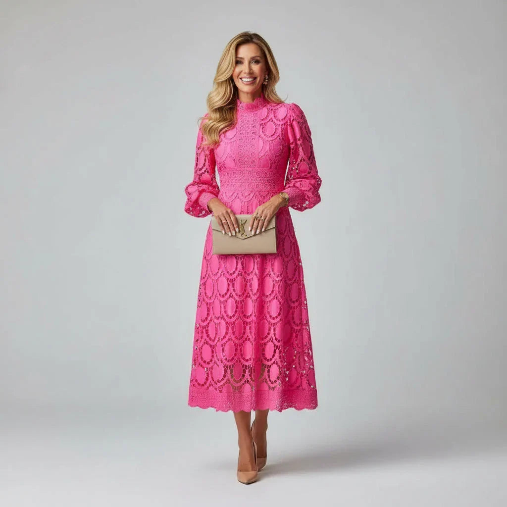 Ava | Wedding Guest Dress Cocktail Midi Party Lace Long Sleeve High Neck Fitted Scalloped