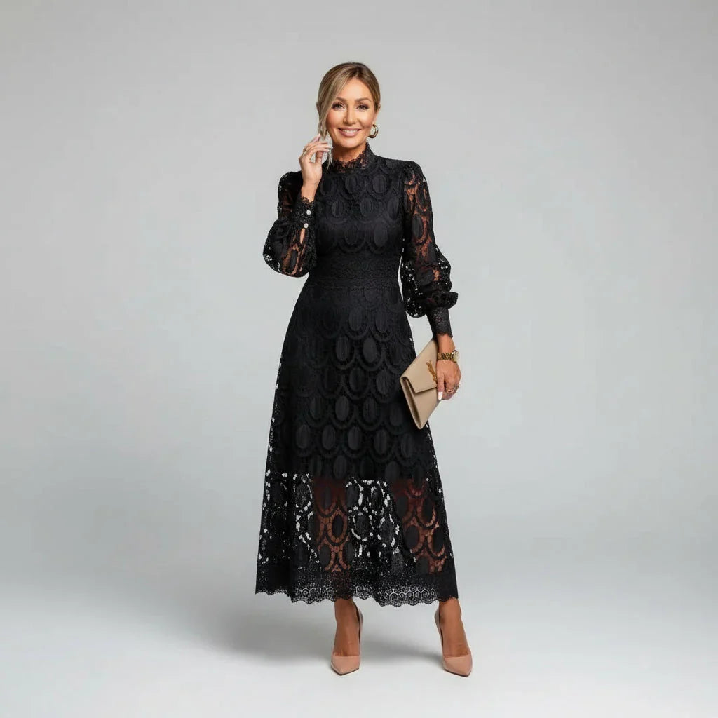 Ava | Wedding Guest Dress Cocktail Midi Party Lace Long Sleeve High Neck Fitted Scalloped